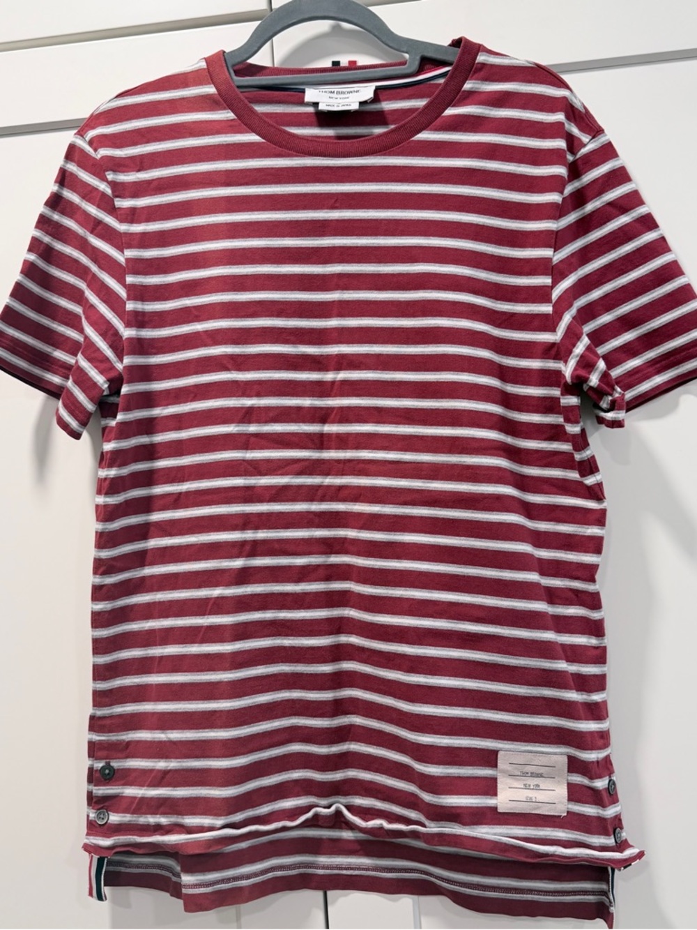Thom Browne Shirt Mens size 2 Red Stripped Tee Side Button Made in Japan Auth